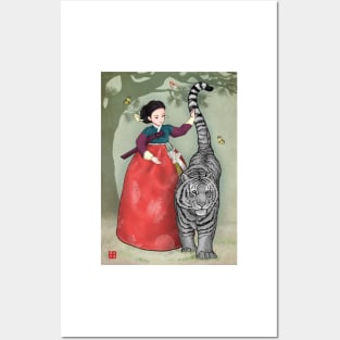 Brave Woman Black Tiger in Hanbok Posters and Art